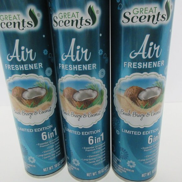 3 PK Great Scents Air Freshener Beach Breeze&Coconut 6 in 1 Limited Edition - Picture 2 of 4